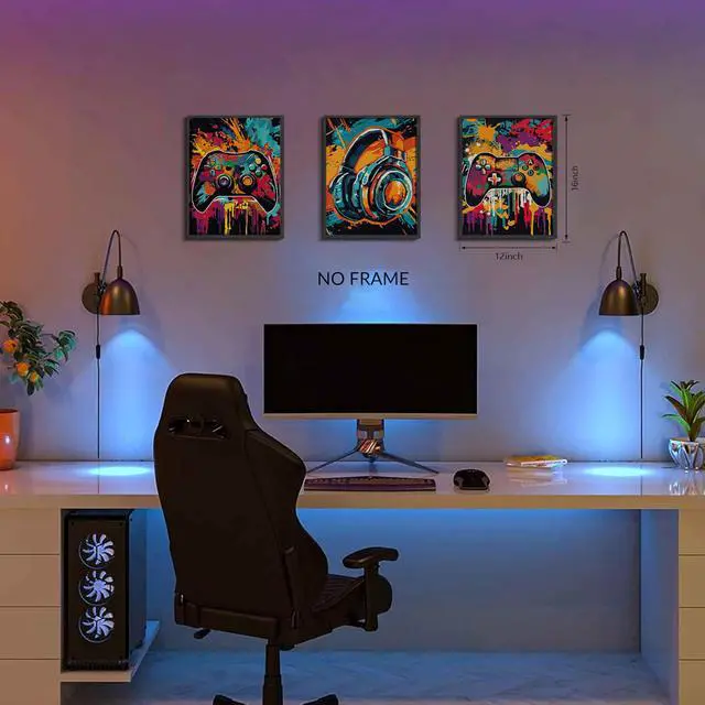 Alt view image 4 of 7 - MUWAK 3Pcs Cool Gaming Wall Art Set, Retro Video Game Neon Gamepad Watercolor Canvas Prints for Boys Room, Teen Gaming Pictures Wall Decor, Gamer Painting Art for Kids Bedroom 12x16 inch Unframed