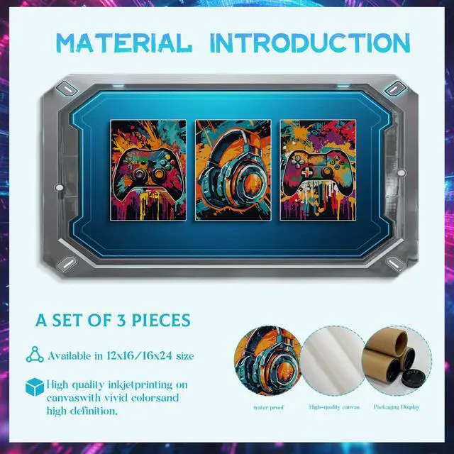 Alt view image 5 of 7 - MUWAK 3Pcs Cool Gaming Wall Art Set, Retro Video Game Neon Gamepad Watercolor Canvas Prints for Boys Room, Teen Gaming Pictures Wall Decor, Gamer Painting Art for Kids Bedroom 12x16 inch Unframed