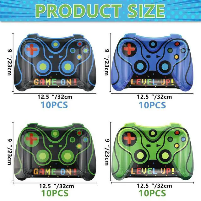 Alt view image 2 of 7 - 40 Pcs Video Game Controller Plates, Blue and Green Video Game Birthday Decorations Level up Party Plates for Kids Gaming Party Supplies, 9 x 12.5 inches