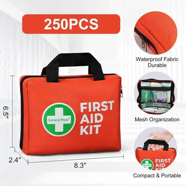 Alt view image 3 of 7 - General Medi First Aid Kit, 250 Piece Small First Aid Kit - Includes Emergency Foil Blanket, Instant Cold Pack,Scissors for Travel, Home, Office, Vehicle, Camping, Workplace & Outdoor
