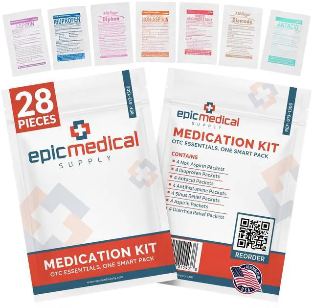 Main image of Epic Medical Supply First Aid Kit Medication Refill 28-Count Unit Dose Packets Emergency Medicine Kit Pills for 1st Aid Kit Refills, Travel, Office, Dorm, Camping Assembled in USA
