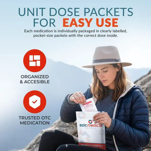 Alt view image 3 of 7 - Epic Medical Supply First Aid Kit Medication Refill 28-Count Unit Dose Packets Emergency Medicine Kit Pills for 1st Aid Kit Refills, Travel, Office, Dorm, Camping Assembled in USA