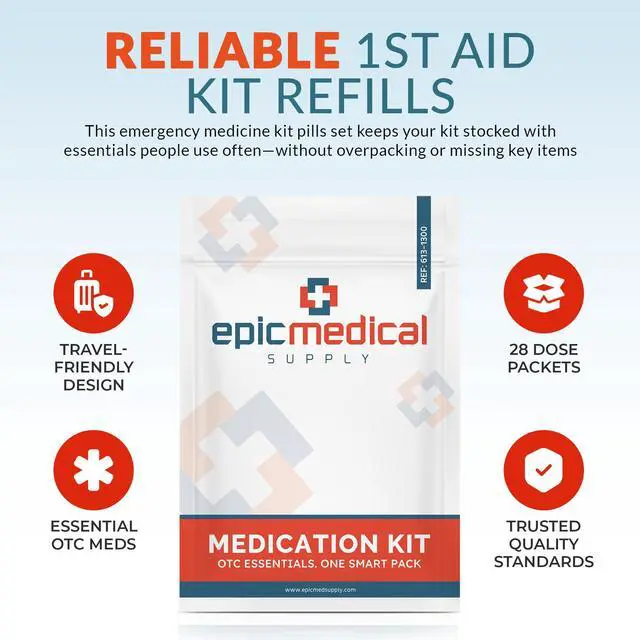 Alt view image 6 of 7 - Epic Medical Supply First Aid Kit Medication Refill 28-Count Unit Dose Packets Emergency Medicine Kit Pills for 1st Aid Kit Refills, Travel, Office, Dorm, Camping Assembled in USA