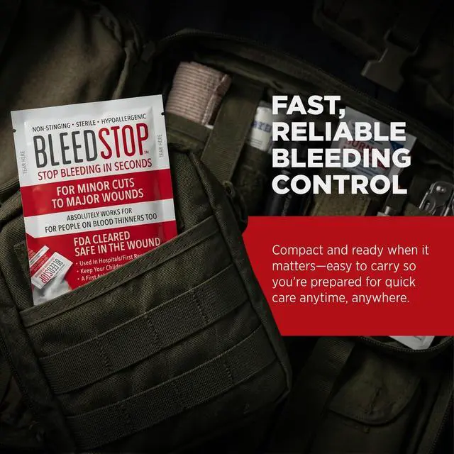 Alt view image 5 of 5 - BleedStop First Aid Powder for Blood Clotting, Trauma Kit, Blood Thinner Patients, Camping Safety, and Survival Equipment for Moderate to Severe Bleeding Wounds or Nosebleeds - 4 (15g) Pouches