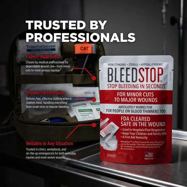 Alt view image 2 of 5 - BleedStop First Aid Powder for Blood Clotting, Trauma Kit, Blood Thinner Patients, Camping Safety, and Survival Equipment for Moderate to Severe Bleeding Wounds or Nosebleeds - 4 (15g) Pouches