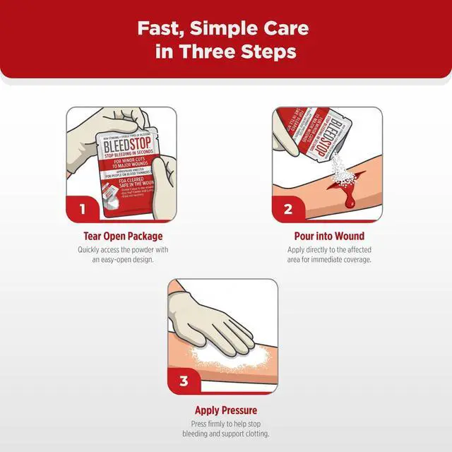 Alt view image 4 of 5 - BleedStop First Aid Powder for Blood Clotting, Trauma Kit, Blood Thinner Patients, Camping Safety, and Survival Equipment for Moderate to Severe Bleeding Wounds or Nosebleeds - 4 (15g) Pouches