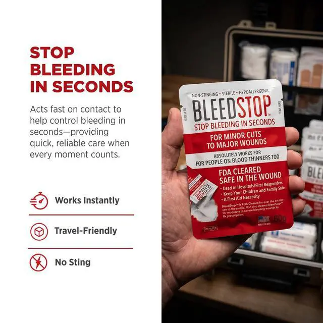 Alt view image 3 of 5 - BleedStop First Aid Powder for Blood Clotting, Trauma Kit, Blood Thinner Patients, Camping Safety, and Survival Equipment for Moderate to Severe Bleeding Wounds or Nosebleeds - 4 (15g) Pouches