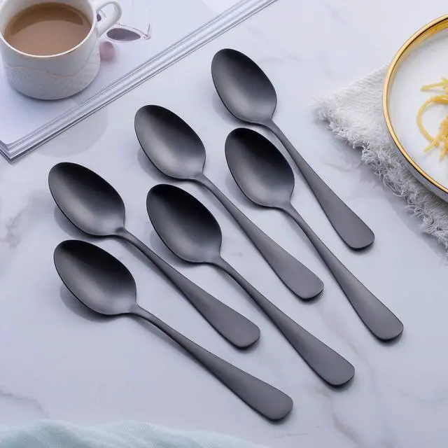Alt view image 2 of 5 - Matte Black Dinner Spoon, GoGeiLi Stainless Steel Satin Finish 7.8-inch Silverware Flatware Spoon Set, Service for 6, Dishwasher Safe