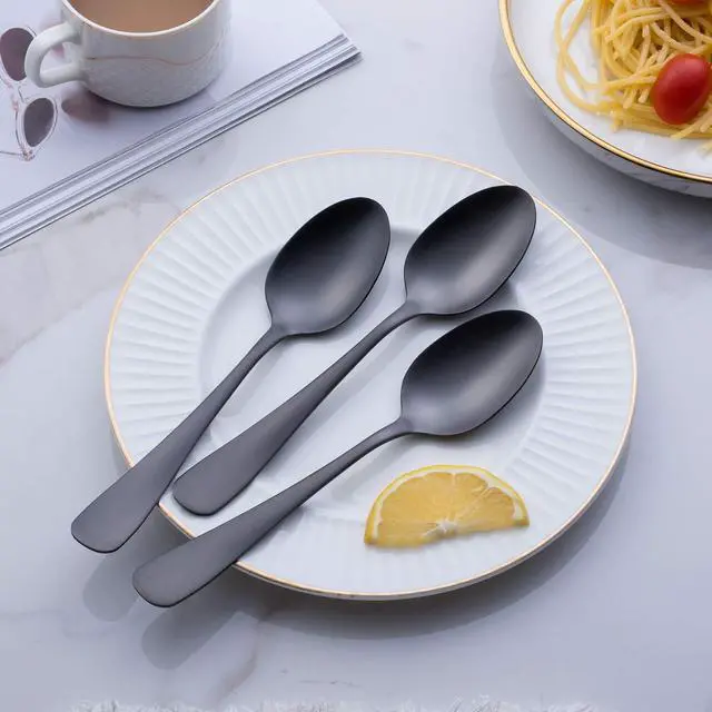 Alt view image 3 of 5 - Matte Black Dinner Spoon, GoGeiLi Stainless Steel Satin Finish 7.8-inch Silverware Flatware Spoon Set, Service for 6, Dishwasher Safe