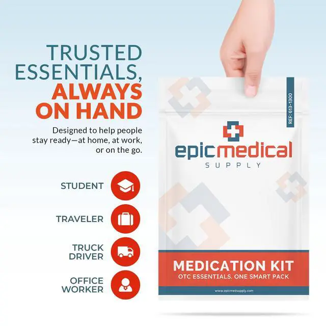Alt view image 7 of 7 - Epic Medical Supply First Aid Kit Medication Refill 28-Count Unit Dose Packets Emergency Medicine Kit Pills for 1st Aid Kit Refills, Travel, Office, Dorm, Camping Assembled in USA