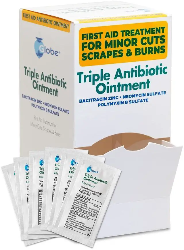 Main image of Globe (144 Pack Triple Antibiotic Ointment 0.9g Single Packet, First Aid Kit for Minor Scratches, Wounds, Cuts and Burns, Prevents Infection Active Ingredients Compare to Leading Brand, Travel Size
