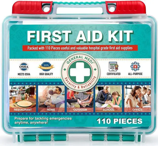 Main image of General Medi 110 Pieces Small First Aid Kit - HardCase First Aid Box - Contains Premium Medical Supplies for Travel, Home, Office, Vehicle, Camping, Workplace & Outdoor