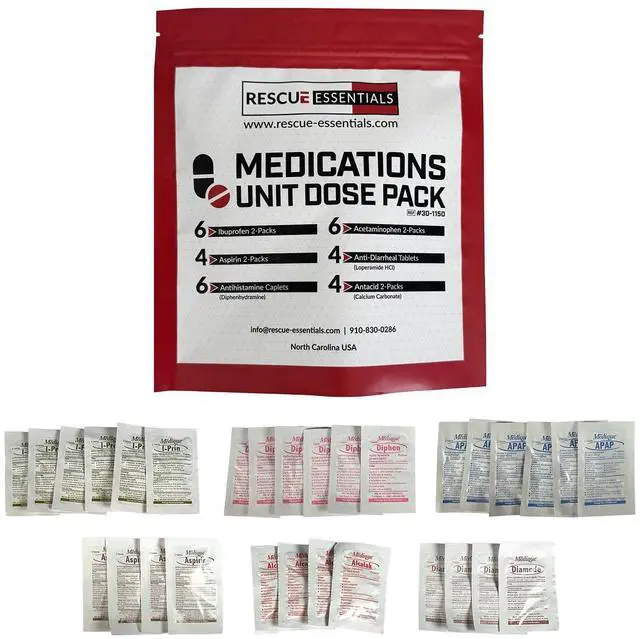 Main image of Rescue Essentials Medications Dose PackFirst Aid Refill Kit with Ibuprofen, Acetaminophen, Aspirin, Antihistamine, Anti-Diarrheal & Antacid Compact Emergency Travel & IFAK Supply-1 Module (30 Doses)