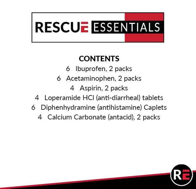 Alt view image 3 of 7 - Rescue Essentials Medications Dose PackFirst Aid Refill Kit with Ibuprofen, Acetaminophen, Aspirin, Antihistamine, Anti-Diarrheal & Antacid Compact Emergency Travel & IFAK Supply-1 Module (30 Doses)