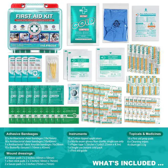 Alt view image 2 of 7 - General Medi 110 Pieces Small First Aid Kit - HardCase First Aid Box - Contains Premium Medical Supplies for Travel, Home, Office, Vehicle, Camping, Workplace & Outdoor