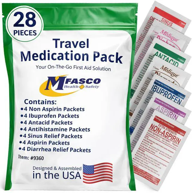 Main image of MFASCO - 7 in 1 - Travel Size Medicine Kit - TSA Approved | 28 First Aid Emergency OTC Medicine Packets for Cruise & International Travel | Compact Med Refill for Traveling & Office Assembled in USA