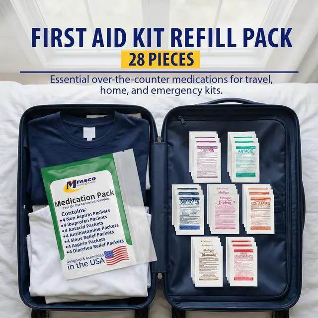Alt view image 5 of 7 - MFASCO - 7 in 1 - Travel Size Medicine Kit - TSA Approved | 28 First Aid Emergency OTC Medicine Packets for Cruise & International Travel | Compact Med Refill for Traveling & Office Assembled in USA