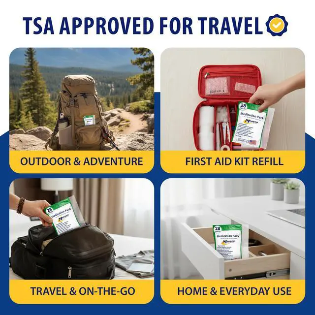 Alt view image 6 of 7 - MFASCO - 7 in 1 - Travel Size Medicine Kit - TSA Approved | 28 First Aid Emergency OTC Medicine Packets for Cruise & International Travel | Compact Med Refill for Traveling & Office Assembled in USA