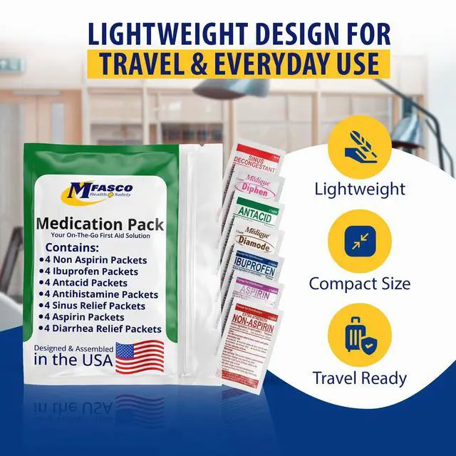Alt view image 3 of 7 - MFASCO - 7 in 1 - Travel Size Medicine Kit - TSA Approved | 28 First Aid Emergency OTC Medicine Packets for Cruise & International Travel | Compact Med Refill for Traveling & Office Assembled in USA