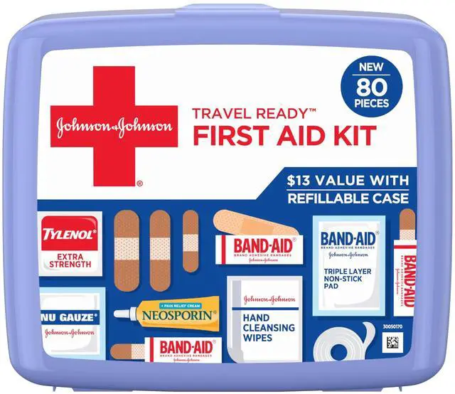 Main image of BAND-AID Brand Travel Ready Portable Emergency First Aid Kit, Minor Wound Care, Perfect for Home, Car, Camping, Travel & Outdoor Essentials, Supplies Include Bandages, Neosporin & Tylenol, 80 Piece