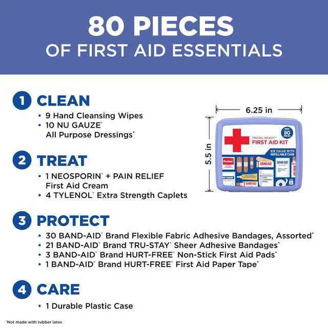 Alt view image 4 of 7 - BAND-AID Brand Travel Ready Portable Emergency First Aid Kit, Minor Wound Care, Perfect for Home, Car, Camping, Travel & Outdoor Essentials, Supplies Include Bandages, Neosporin & Tylenol, 80 Piece