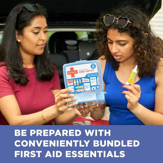 Alt view image 6 of 7 - BAND-AID Brand Travel Ready Portable Emergency First Aid Kit, Minor Wound Care, Perfect for Home, Car, Camping, Travel & Outdoor Essentials, Supplies Include Bandages, Neosporin & Tylenol, 80 Piece