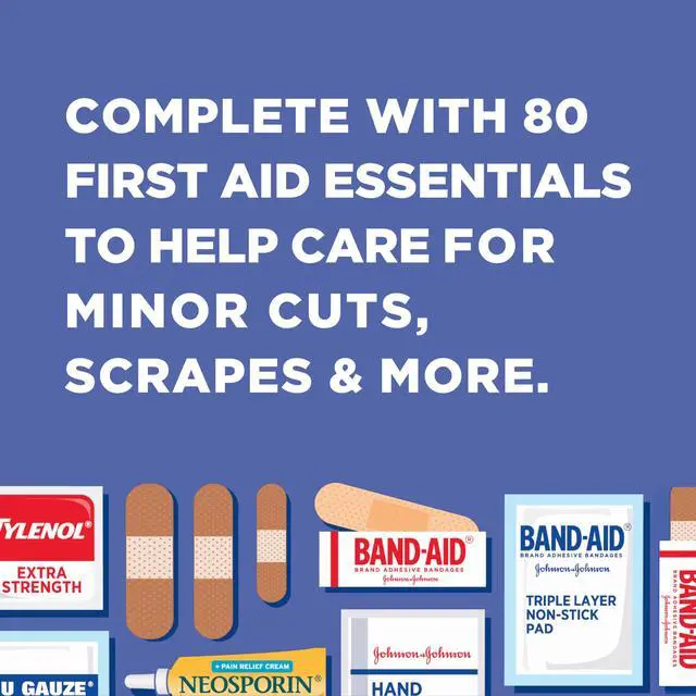 Alt view image 7 of 7 - BAND-AID Brand Travel Ready Portable Emergency First Aid Kit, Minor Wound Care, Perfect for Home, Car, Camping, Travel & Outdoor Essentials, Supplies Include Bandages, Neosporin & Tylenol, 80 Piece