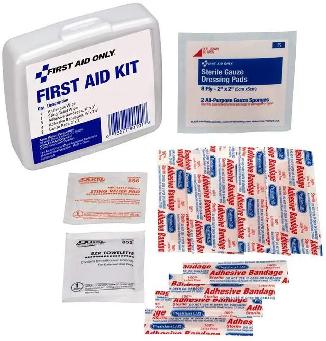 Main image of First Aid Only PhysiciansCare On-The-Go Emergency First Aid Kit for Home, Work, and Travel, 13 Pieces (Antiseptic wipes, Sting Relief wipes, Gauze pads, Bandages)