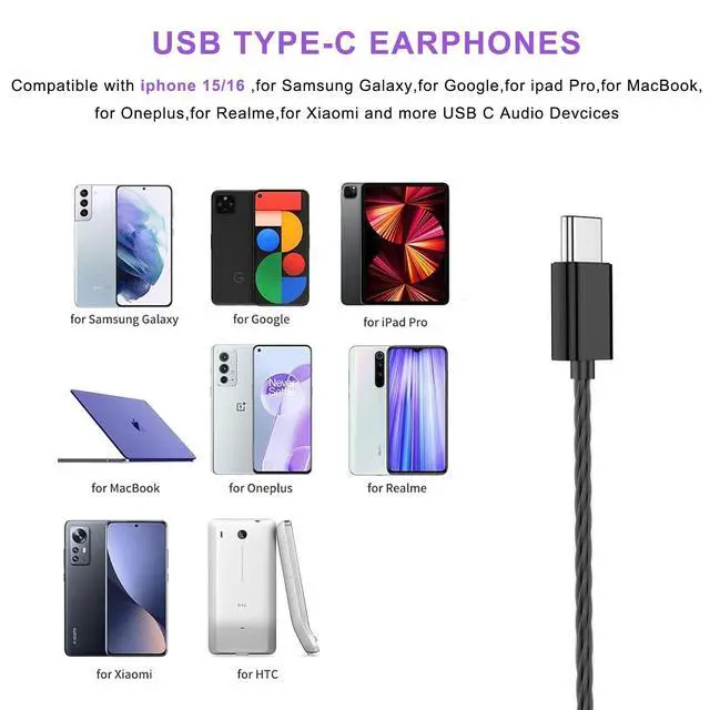 Alt view image 2 of 6 - USB C Headphones for iPhone 17 16 15 Pro Max,Wired Earbuds with Microphone