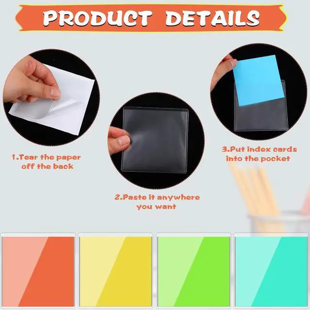 Alt view image 3 of 7 - 60 Pcs Self Adhesive Index Card Pockets 3.5 x 3.5 Inch Square Label Pockets Clear Adhesive Pockets Peel and Stick Plastic Label Holder Business Cards Photo Sleeves for Home Office School Library
