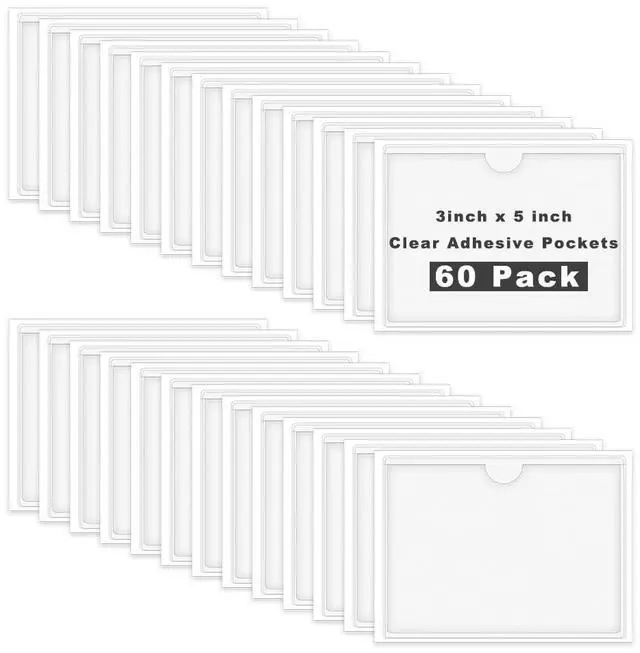 Main image of 60 Pack 3 X 5 Inches Adhesive Index Card Pockets, Clear Self Adhesive Label Pockets Label Holders Card Holder Shelf Label Holder for Organizing, Storage Bins (3.7 x 5.3 inches)