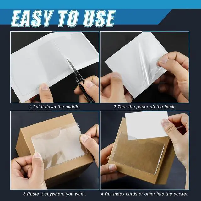 Alt view image 5 of 7 - WYOMER 100 Pack Clear Self-Adhesive Business Card Pockets and Top Open Library Card Pockets, plastic Labels Holders for Storage Bins, Ideal for Organizing and Protecting Your Business Cards