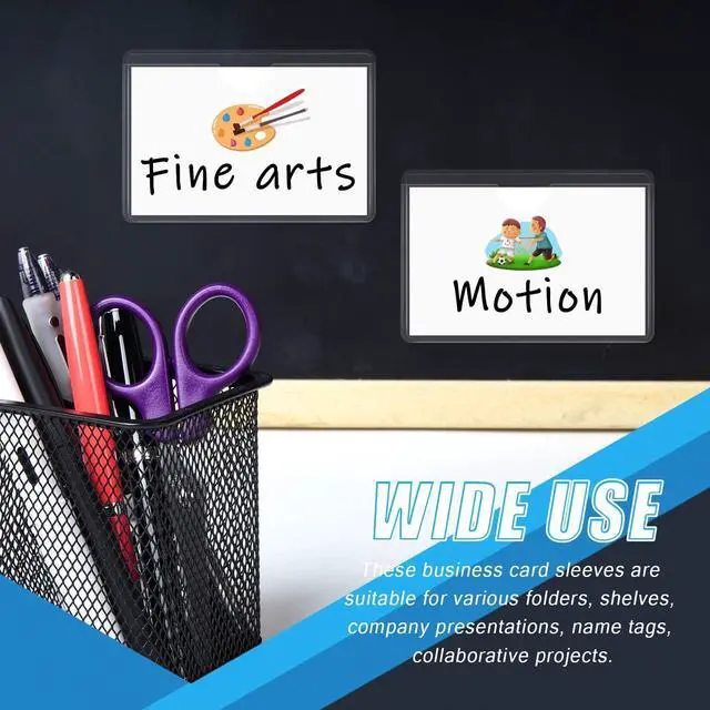 Alt view image 7 of 7 - WYOMER 100 Pack Clear Self-Adhesive Business Card Pockets and Top Open Library Card Pockets, plastic Labels Holders for Storage Bins, Ideal for Organizing and Protecting Your Business Cards