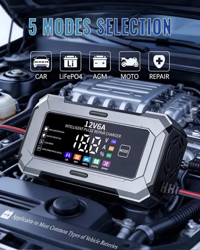 Alt view image 2 of 7 - Car Battery Charger, Automatic Trickle Charger and Battery Maintainer with Pulse Repair Digital Display Trickle Charger for Car Battery 12V 6A Auto Battery Charger for AGM Motorcycle LiFePO4 Batteries