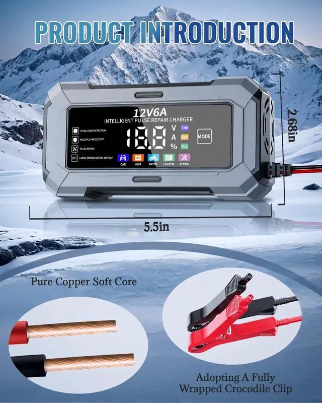 Alt view image 3 of 7 - Car Battery Charger, Automatic Trickle Charger and Battery Maintainer with Pulse Repair Digital Display Trickle Charger for Car Battery 12V 6A Auto Battery Charger for AGM Motorcycle LiFePO4 Batteries