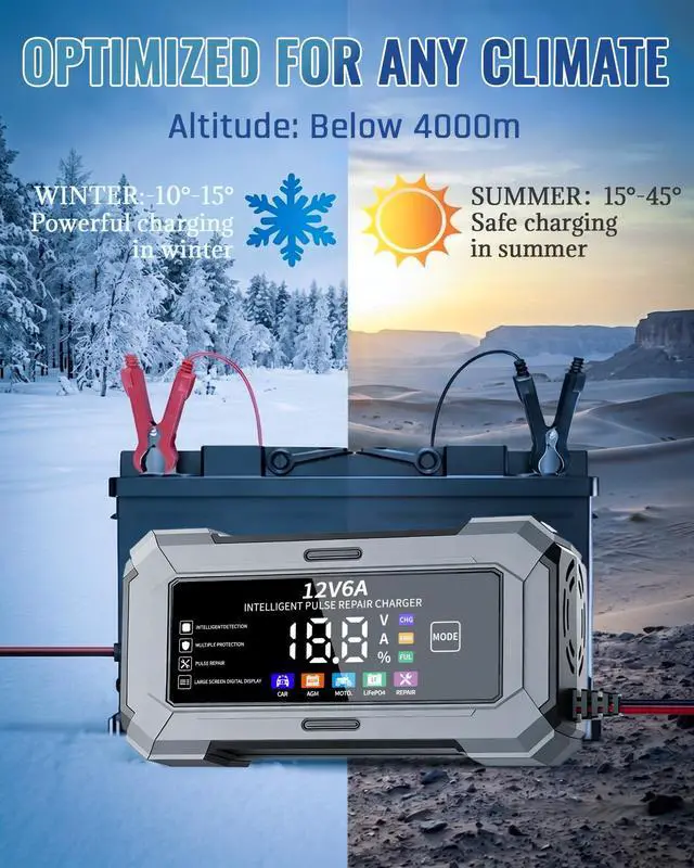 Alt view image 4 of 7 - Car Battery Charger, Automatic Trickle Charger and Battery Maintainer with Pulse Repair Digital Display Trickle Charger for Car Battery 12V 6A Auto Battery Charger for AGM Motorcycle LiFePO4 Batteries
