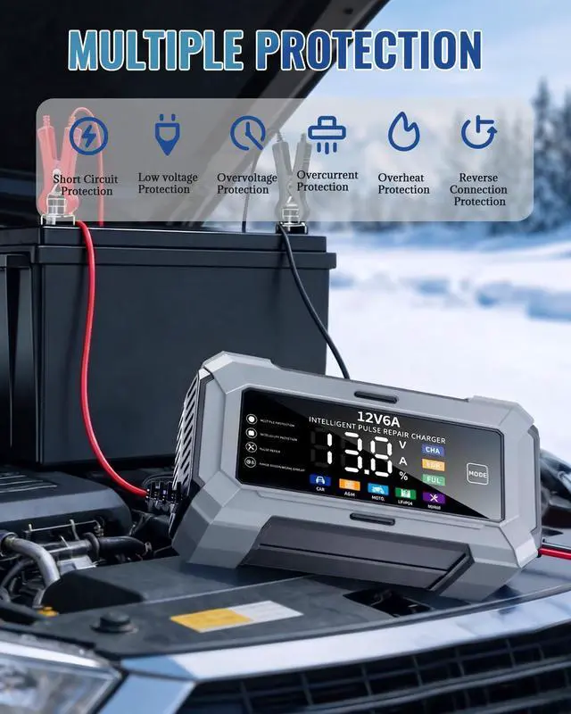 Alt view image 5 of 7 - Car Battery Charger, Automatic Trickle Charger and Battery Maintainer with Pulse Repair Digital Display Trickle Charger for Car Battery 12V 6A Auto Battery Charger for AGM Motorcycle LiFePO4 Batteries