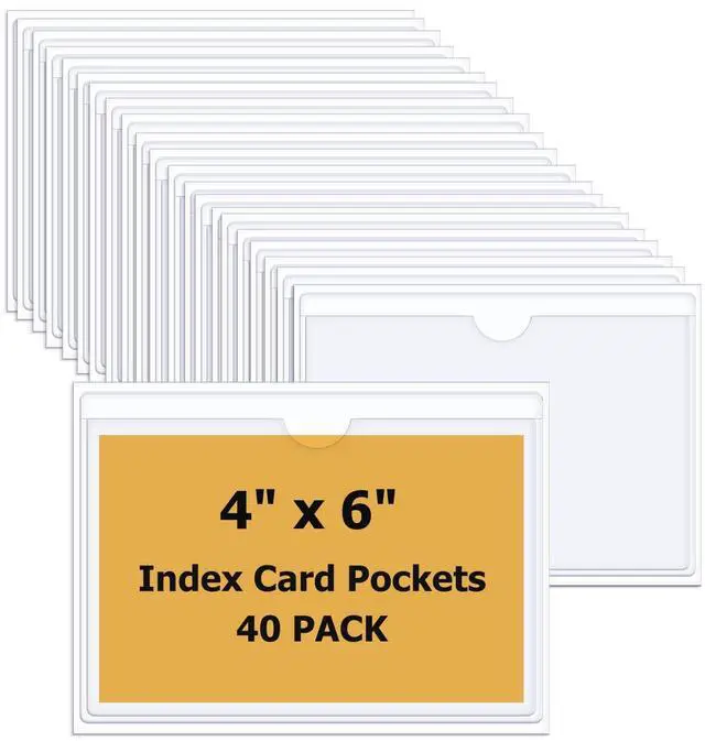 Main image of 40 PCS Index Card Pockets 4"X6", Self Adhesive Card Pockets, Clear Label Pockets for Storage Bins, Plastic Labels Holders for Organizing, Loading, Drawer,Library Card, Totes, Shelves (4"X6")