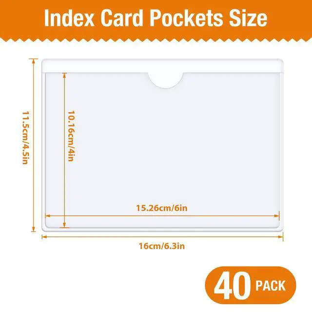 Alt view image 2 of 7 - 40 PCS Index Card Pockets 4"X6", Self Adhesive Card Pockets, Clear Label Pockets for Storage Bins, Plastic Labels Holders for Organizing, Loading, Drawer,Library Card, Totes, Shelves (4"X6")