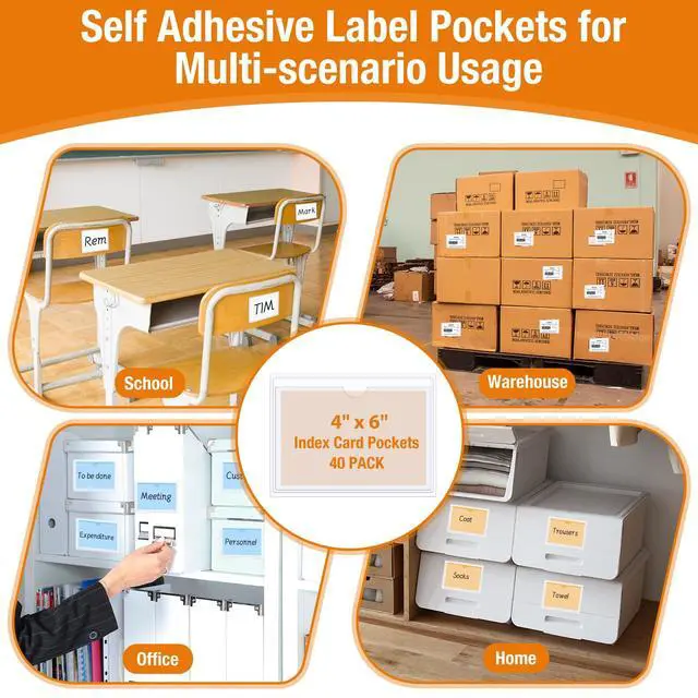 Alt view image 4 of 7 - 40 PCS Index Card Pockets 4"X6", Self Adhesive Card Pockets, Clear Label Pockets for Storage Bins, Plastic Labels Holders for Organizing, Loading, Drawer,Library Card, Totes, Shelves (4"X6")