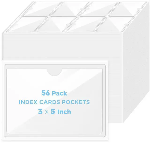 Main image of 56 Pack Clear Self-Adhesive Pockets, 3" x 5" Index Card Pockets with Top Open Loading, PVC Label Holders for Organizing Storage Bins, Library Card, Drawer, and Protecting Your Cards