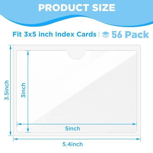 Alt view image 2 of 7 - 56 Pack Clear Self-Adhesive Pockets, 3" x 5" Index Card Pockets with Top Open Loading, PVC Label Holders for Organizing Storage Bins, Library Card, Drawer, and Protecting Your Cards