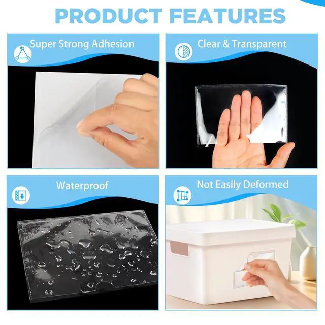 Alt view image 3 of 7 - 56 Pack Clear Self-Adhesive Pockets, 3" x 5" Index Card Pockets with Top Open Loading, PVC Label Holders for Organizing Storage Bins, Library Card, Drawer, and Protecting Your Cards