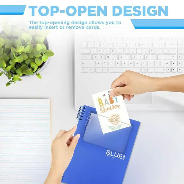 Alt view image 5 of 7 - 56 Pack Clear Self-Adhesive Pockets, 3" x 5" Index Card Pockets with Top Open Loading, PVC Label Holders for Organizing Storage Bins, Library Card, Drawer, and Protecting Your Cards