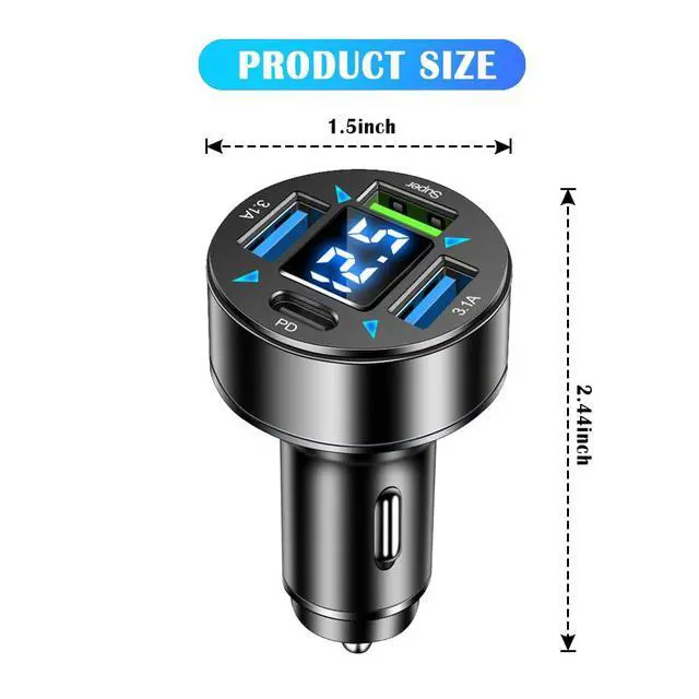 Alt view image 2 of 7 - 4-Port Fast Car Charger With Plug Outlet, LED Voltmeter, PD3.1, Super Port - Universal Cigarette Lighter USB Accessory Compatible With iPhone & Android (PD/Super)