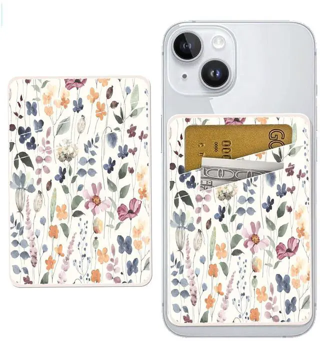 Main image of AOHRO Phone Card Holder - Dual Pocket Leather Wallet with Adhesive, Cute Credit Card Holder for Most Phones - Colorful Boho Leaf