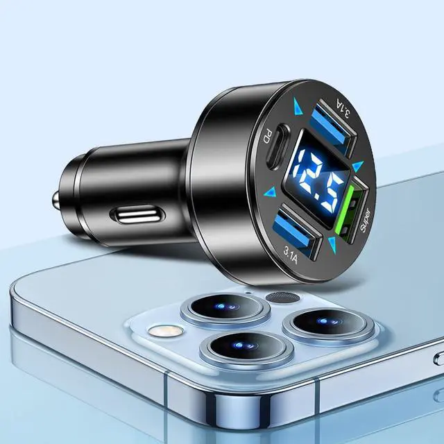 Alt view image 3 of 7 - 4-Port Fast Car Charger With Plug Outlet, LED Voltmeter, PD3.1, Super Port - Universal Cigarette Lighter USB Accessory Compatible With iPhone & Android (PD/Super)