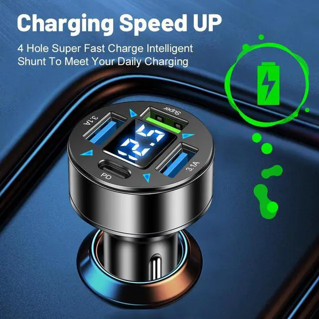 Alt view image 4 of 7 - 4-Port Fast Car Charger With Plug Outlet, LED Voltmeter, PD3.1, Super Port - Universal Cigarette Lighter USB Accessory Compatible With iPhone & Android (PD/Super)