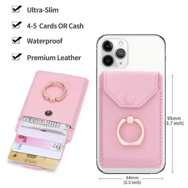 Alt view image 2 of 7 - YUNCE Cell Phone Card Holder RFID Ring Stand Stick on Wallet Card Holder for Back of Phone iPhone Android and All Smartphones Adhesive Credit Card Holder Pink