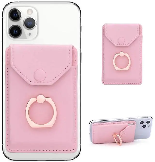 Alt view image 3 of 7 - YUNCE Cell Phone Card Holder RFID Ring Stand Stick on Wallet Card Holder for Back of Phone iPhone Android and All Smartphones Adhesive Credit Card Holder Pink